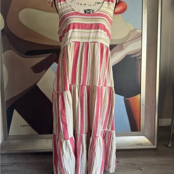 Faherty Lanai linen striped tier boho maxi dress with pockets medium - Picture 4 of 7